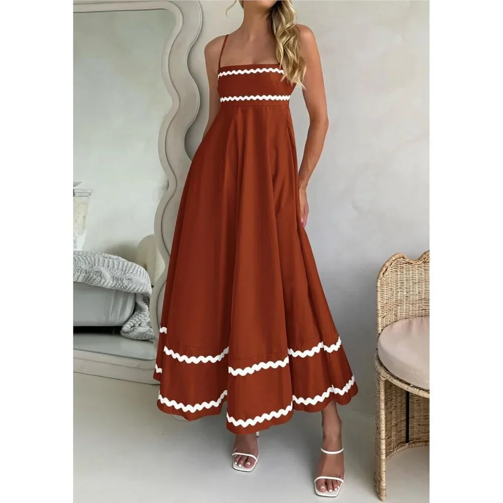 Women's Rust Casual Sleeveless Spaghetti Strap Ruffle Beach Maxi Dress